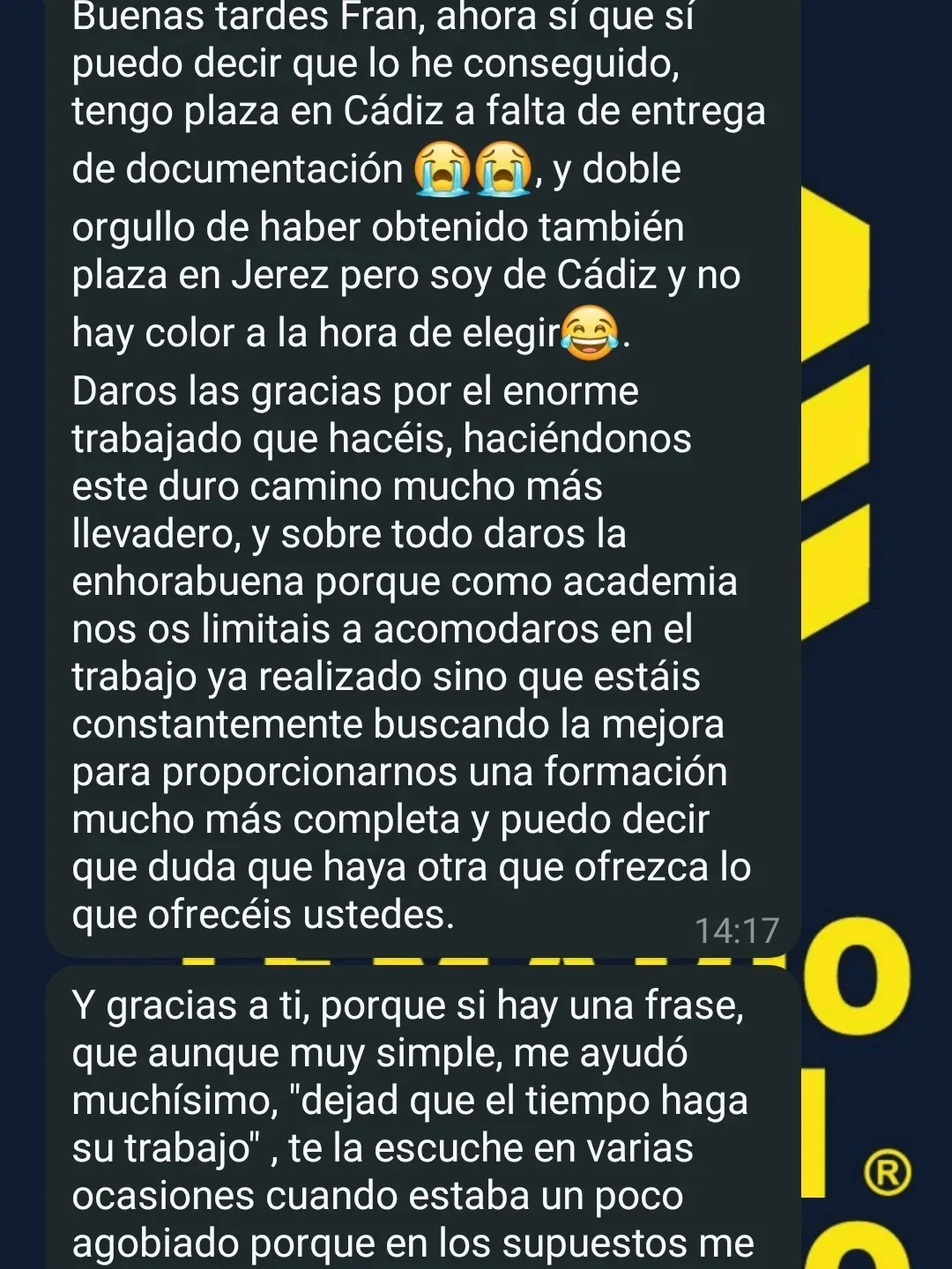 Mensaje de agradecimiento de un alumno aprobado de Academia OPOL