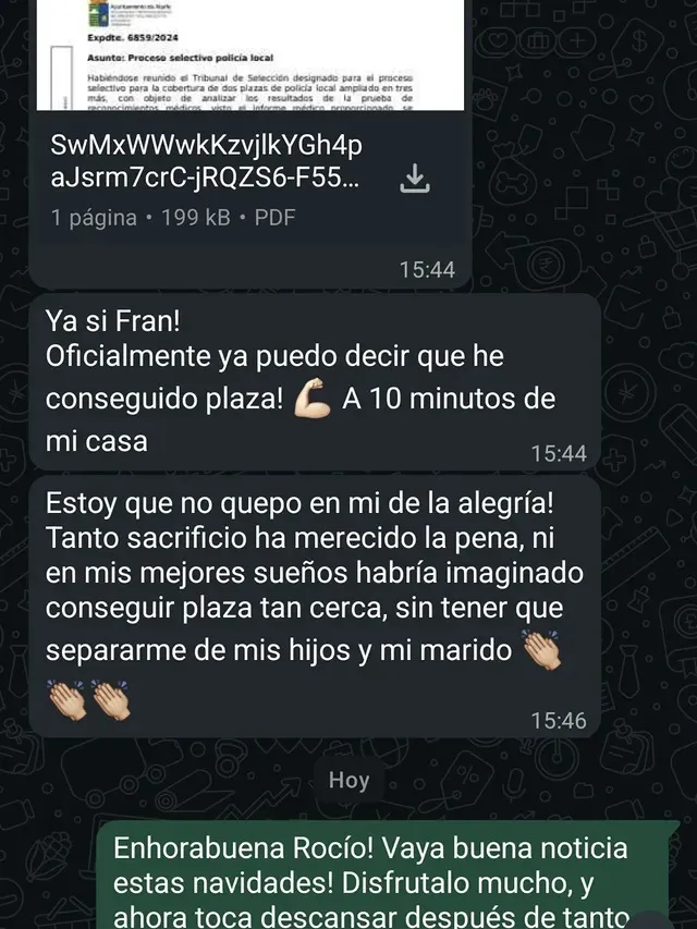 Mensaje de agradecimiento de un alumno aprobado de Academia OPOL