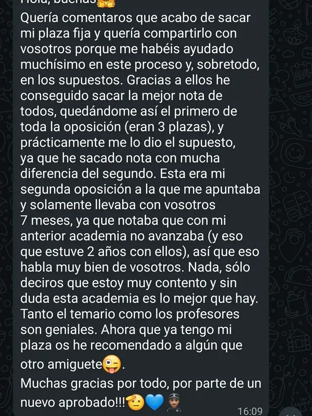 Mensaje de agradecimiento de un alumno aprobado de Academia OPOL